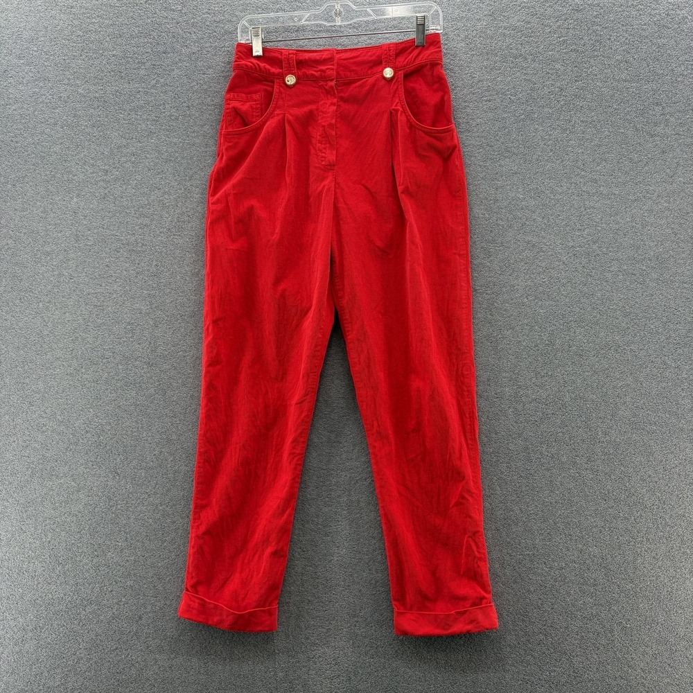 Max Moi Pants Womens 4 Red Corduroy Ankle Cuffed Pleated Classic Gold Buttons
